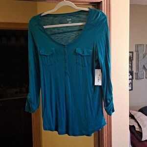 a.n.a Teal Scoop-Neck Long Sleeve Henley Top